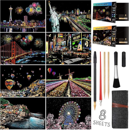 Lot De 4 Feuilles A4 Peinture à Gratter Arc-en-Ciel - Carnet Créatif Adultes & Enfants - Scènes De Nuit Paysages Lumineux